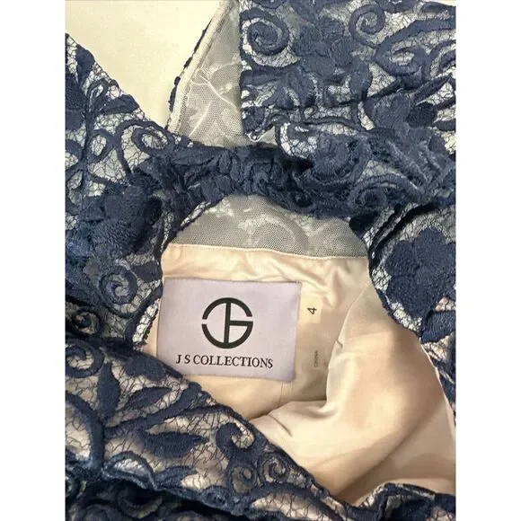 NEW $268 JS Collections [ 4 ] Daniela Bow Tea Length Dress Navy Blue/Blush Q1050